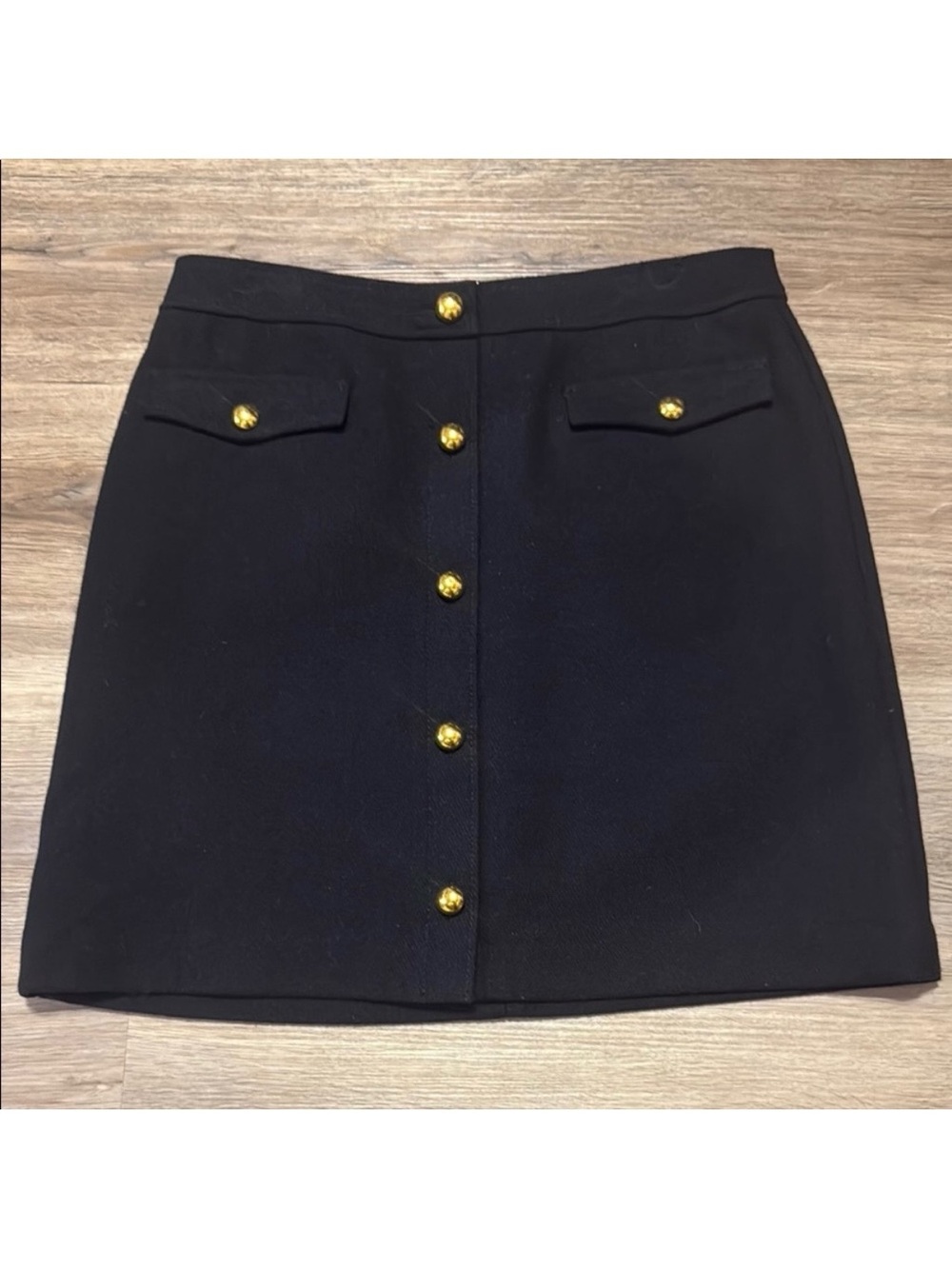 LOFT Black Gold Button A-Line Mini Skirt Size 2 Preppy Military NWOT